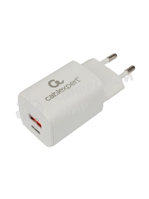 Сетевое зарядное устройство Cablexpert MP3A-PC-42, 30Вт, быстрая зарядка QC3.0/PD, 2 порта: USB и Type-C, белый, пакет