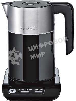 Электрочайник Bosch TWK8613P черный, 1.5 л, 2400 Вт, скрытый нагревательный элемент, поддержание температуры