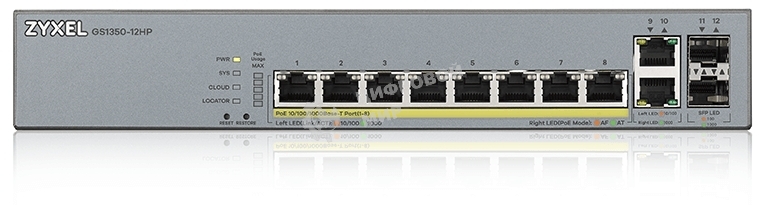 Коммутатор Zyxel GS1350-12HP, 10xGE (8xPoE+), 2xSFP, бюджет PoE 130 Вт, дальность передачи питания до 250 м, автоперезагрузка PoE-портов, повышенная защита от перенапряжений и электростатических разрядов