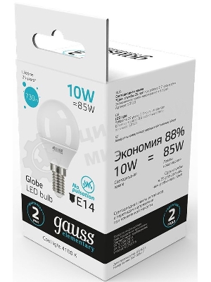 Лампа светодиодная Gauss Elementary 10Вт цок.: E14 шар 220B 4100K св. свеч. белый нейт. (упак.: 10 шт)