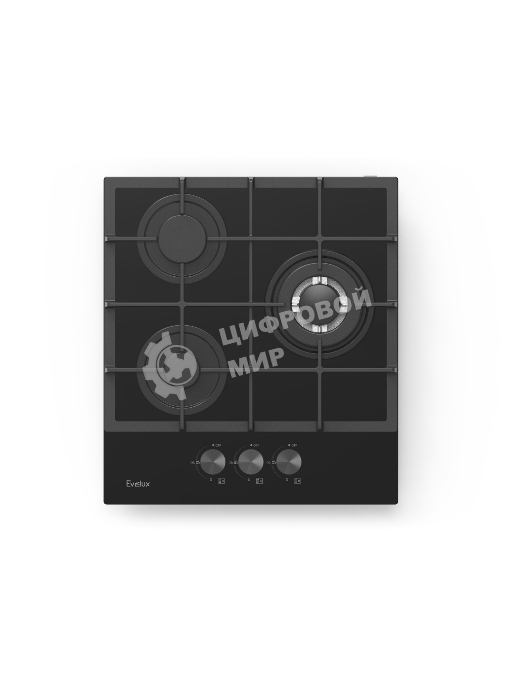 Газовая варочная панель Evelux HEG 425 BG Hi-Tech, 45 см, 3 конфорки, WOK-конфорка, чугунные решетки, газ-контроль, электроподжиг, механическое управление, черный