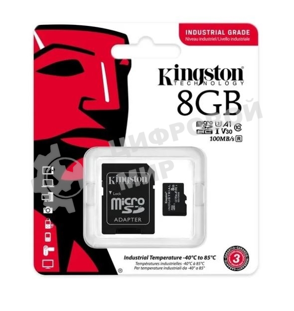 Флеш карта Kingston 8Gb microSDHC Industrial C10 A1 pSLC Card + SD Adapter