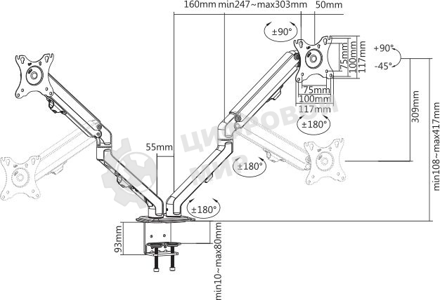 Кронштейн для мониторов Ultramounts UM729 черный 17