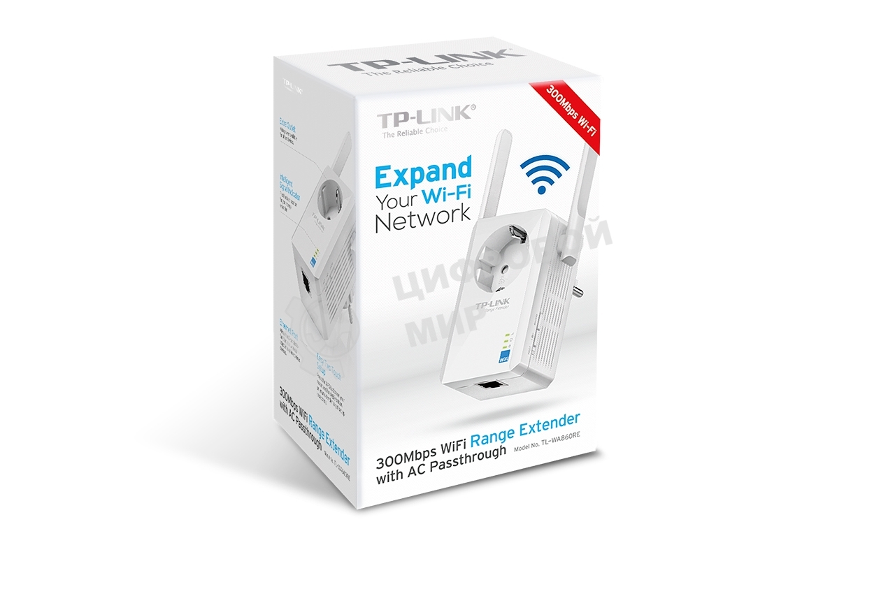 Сетевой адаптер TP-Link SOHO TL-WA860RE 300Mbps Wireless N Wall Plugged Range Extender with AC Passthrough, QCA(Atheros), 2T2R, 2.4GHz, 802.11b/g/n, 1 10/100Mbps LAN port, Range Extender button, Range Extender mode, suppo поставляется без кабеля RJ-45