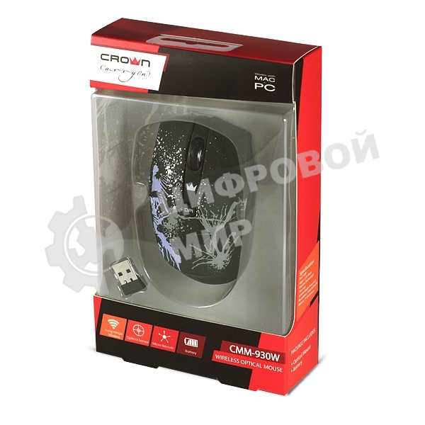 Мышь беспроводная Crown CMM-930W черный, 1600 dpi, радиоканал, USB, кнопки - 4
