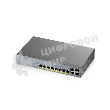 Коммутатор Zyxel GS1350-12HP, 10xGE (8xPoE+), 2xSFP, бюджет PoE 130 Вт, дальность передачи питания до 250 м, автоперезагрузка PoE-портов, повышенная защита от перенапряжений и электростатических разрядов