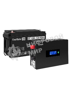 Комплект источника бесперебойного питания Exegate EX295993RUS + батарея 65Aч EX282980RUS 1шт (инвертор, синус, для котла, PF=1, настенный) ExeGate IdealSine SR-1000.LCD.2SH  <1000VA/1000W, чистая синусоида, цветной LCD-дисплей, 2*Schuko, крепление настенное, черный> + батарея ExeGate DT 1265 (12В, 65Ач) 1шт