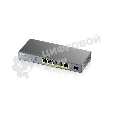 Коммутатор Zyxel GS1350-6HP, 4xGE PoE+, 1xGE PoE++ (802.3bt), 1xSFP, бюджет PoE 60 Вт, дальность передачи питания до 250 м, автоперезагрузка PoE-портов, повышенная защита от перенапряжений и электростатических р