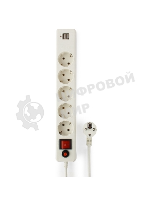 Сетевой фильтр Гарнизон 5 р, 10А, 2xUSB, 1.8 м, ур.защиты 4, белый, пакет