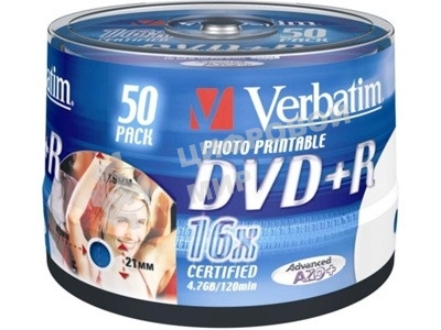 Диск DVD+R Verbatim 4.7Gb 16x Cake Box (50шт) Printable (43512)