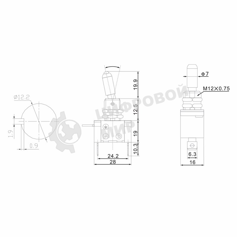 Тумблер Rexant 12V 25А (3c) ON-OFF однополюсный с синей LED подсветкой