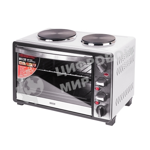 Мини-печь Mystery MOT-3330 (нержавеющая сталь, 1500 Вт, 2 конфорки, гриль, съемный вертел)