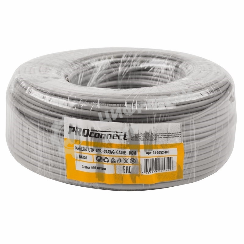 Кабель UTP PROconnect 4PR 24AWG, CU (медь), CAT5E, 100 МГц, PVC, серый, бухта 100 м
