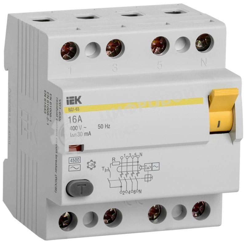 Выключатель дифференциального тока (УЗО) IEK MDV10-4-016-030 ВД1-63 4Р 16А 30мА IEK