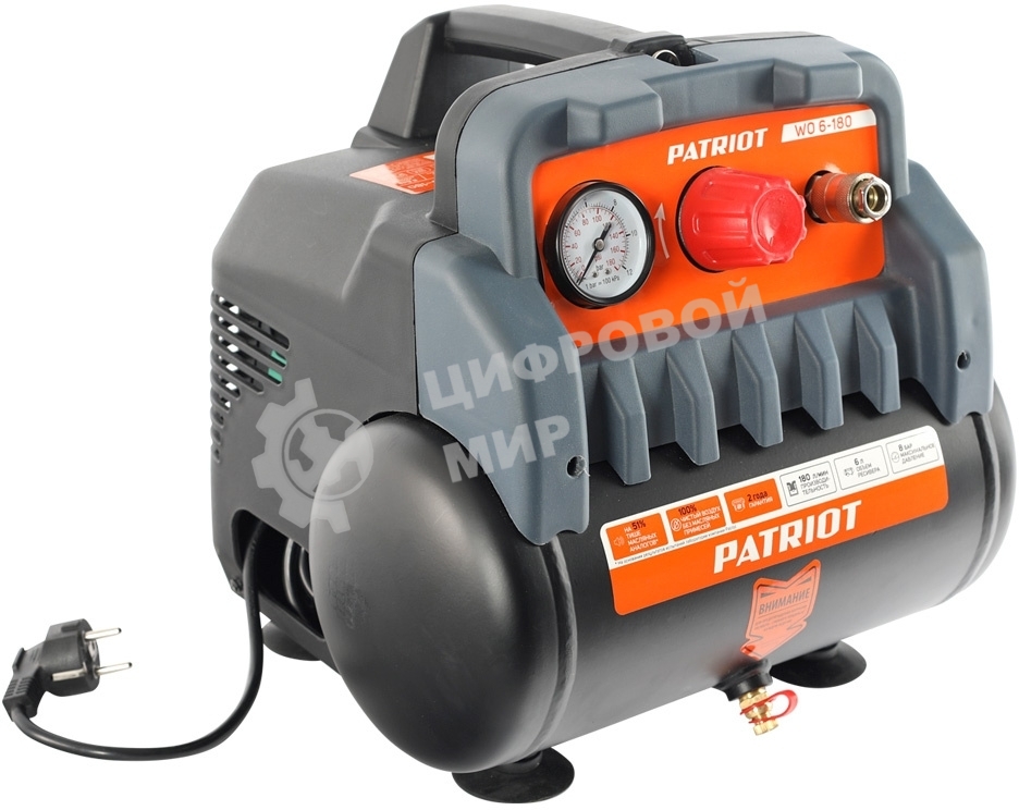 Компрессор поршневой Patriot WO 6-180 безмасляный 180л/мин 6л 1100Вт черный/оранжевый