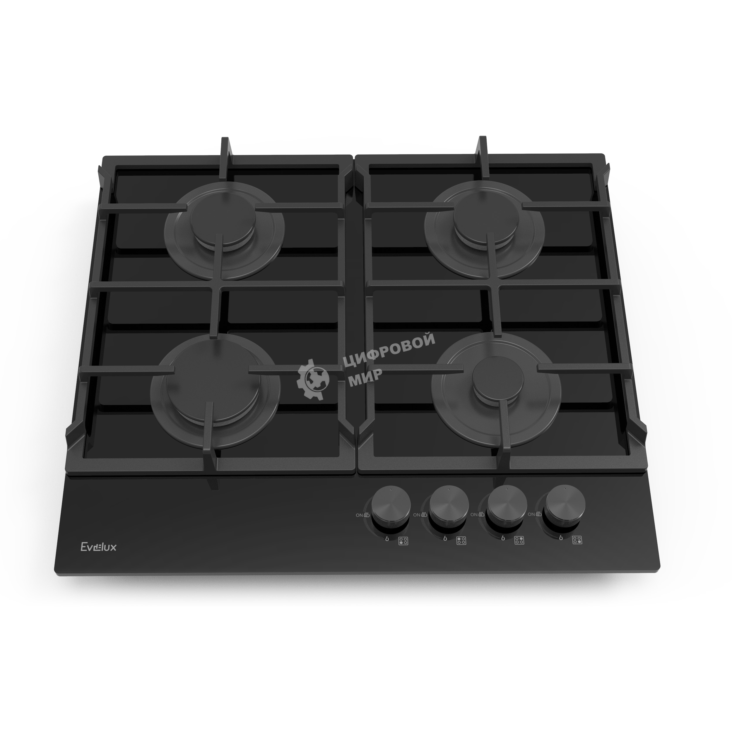 Газовая варочная панель Evelux HEG 615 BG Hi-Tech, 60 см, 4 конфорки, чугунные решетки, газ-контроль, электроподжиг, механическое управление, поверхность из закаленного стекла, черный