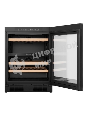 Встраиваемы е винный шкаф Gorenje WCU68F6BG4WF, объем 138 л, вместительность 46 бутылок, 4 полки, цифровой дисплей, Wi-Fi, LED освещение, защита от УФ-излучения, энергоэффективность А+, черный