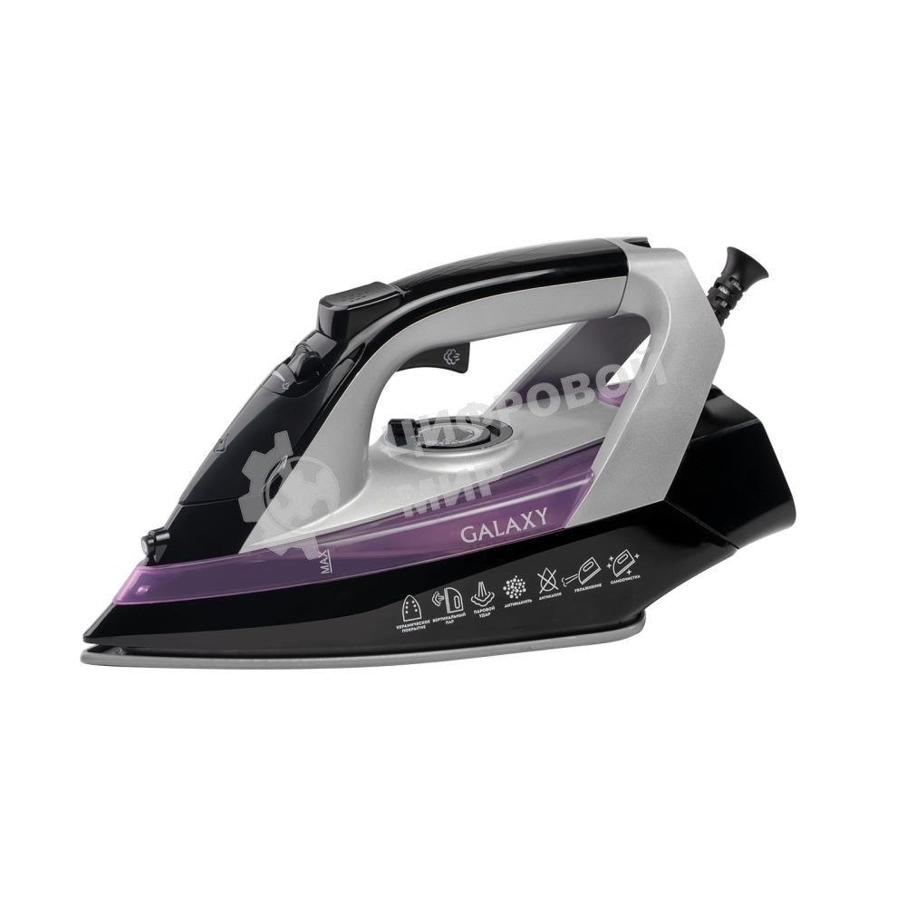 Утюг Galaxy Line GL 6128, фиолетовый с черным, паровой, 2200 Вт, постоянный пар 30 г/мин, паровой удар 140 г/мин, функции: самоочистка, антикапля, антинакипь, функция увлажнения, вертикальное отпаривание, защита от перегрева, индикатор нагрева, керамическ