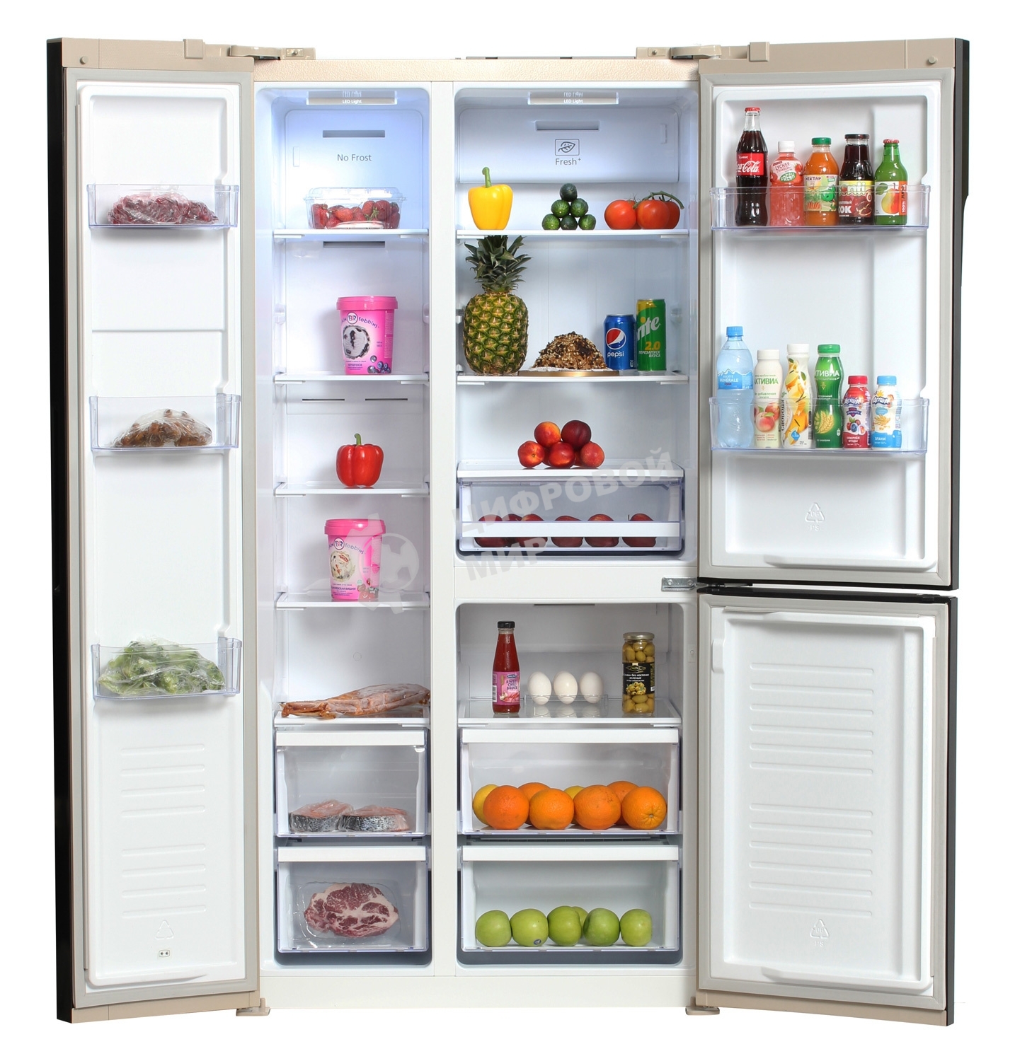 Холодильник Hyundai CS5073FV шампань стекло трехкамерный инвертер Side by Side 292/167л морозилка сбоку