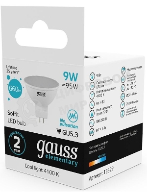 Лампа светодиодная Gauss Elementary MR16 9Вт цок.: GU5.3 спот 220B 4100K св. свеч. белый нейт. MR16 (упак.: 10 шт)