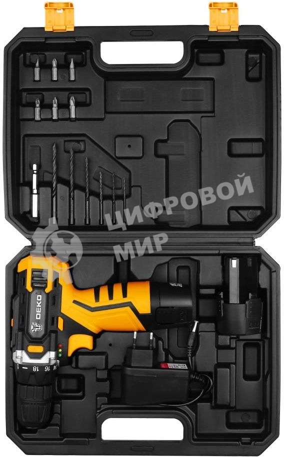 Дрель-шуруповерт аккумуляторная Deko DKCD12FU-Li SET3, 12В, 2АКБ, Кейс