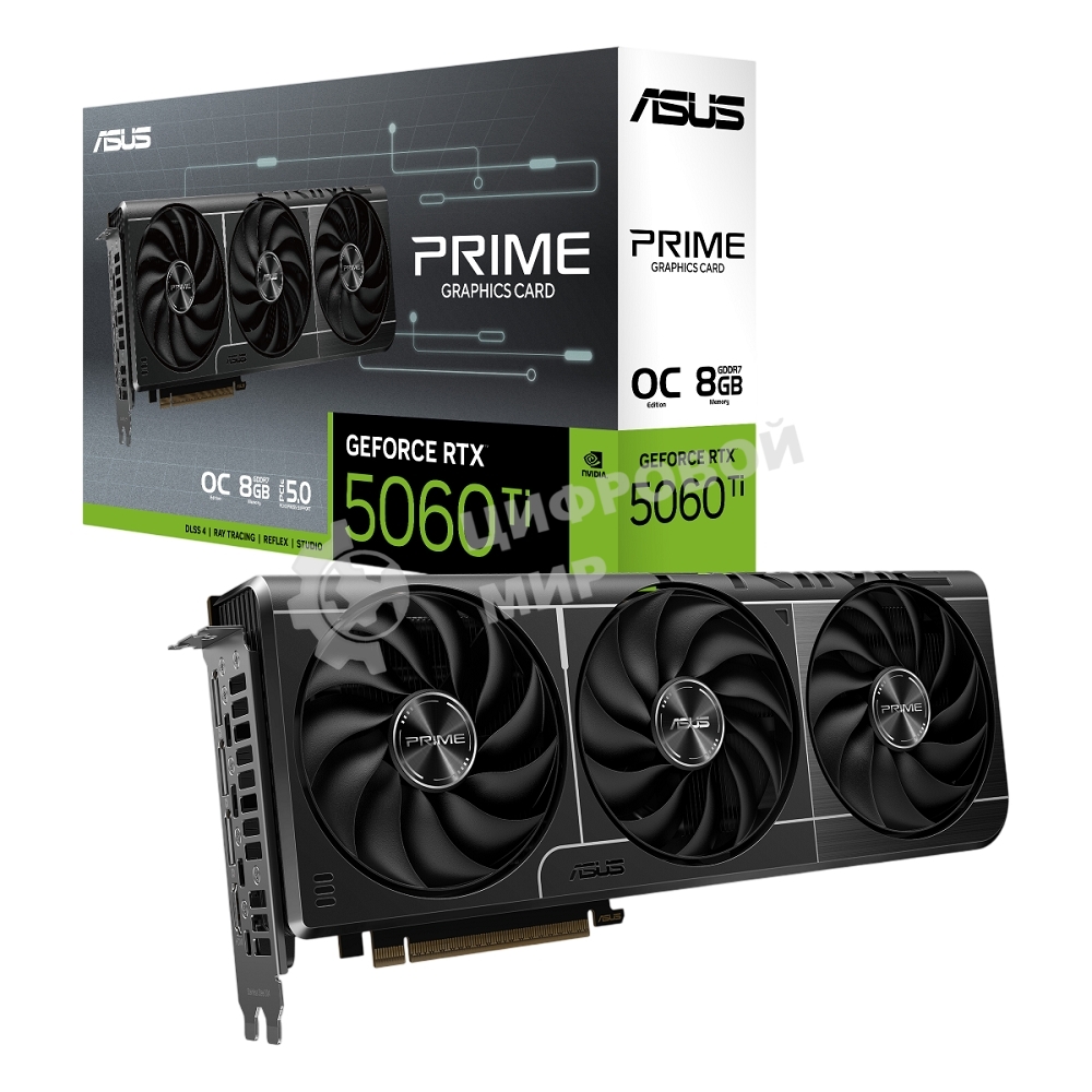 Видеокарта ASUS GeForce RTX 5060 Ti PRIME OC, NVIDIA RTX 5060 Ti, 8 ГБ GDDR7, 128 бит, PCI-e 5.0, 1xHDMI, 3xDP, 2647 МГц