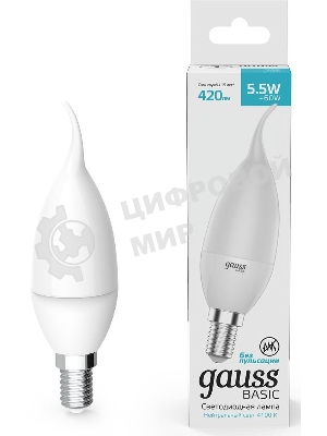 Лампа светодиодная Gauss Basic 1034116 5.5Вт цок.: E14 свеча 180B 3000K св. свеч. белый. теп. (упак.: 10 шт)