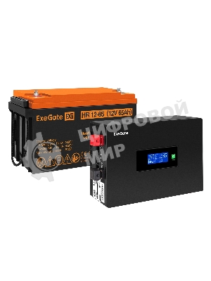 Комплект источника бесперебойного питания Exegate EX295993RUS + батарея 65Aч EX282982RUS 1шт (инвертор, синус, для котла, PF=1, настенный) ExeGate IdealSine SR-1000.LCD.2SH  1000VA/1000W, чистая синусоида, цветной LCD-дисплей, 2*Schuko, крепление настенное, черный + батарея ExeGate HR 12-65 (12В, 65А·ч) 1шт