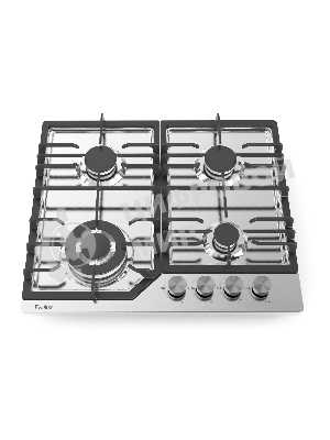 Газовая варочная панель Evelux HEG 638 X Hi-Tech, 60 см, 4 конфорки, WOK-конфорка, чугунные решетки, газ-контроль, электроподжиг, механическое управление, нержавеющая сталь