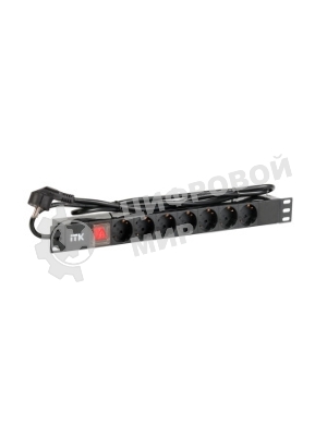 Блок розеток ITK PDU 7 розеток DIN49440 (нем. cтанд.) с LED выключателем, 1U, шнур 2м вилка DIN49441 (нем. станд.), профиль из ПВХ, черный