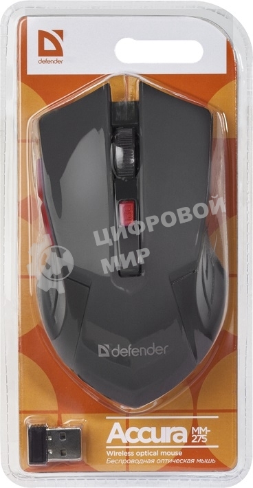 Мышь беспроводная Defender Accura MM-275 красный, 1600 dpi, радиоканал, USB, кнопки - 6