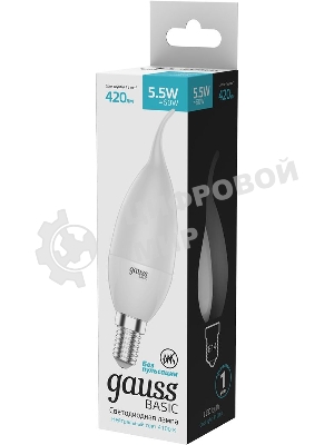 Лампа светодиодная Gauss Basic 1034116 5.5Вт цок.: E14 свеча 180B 3000K св. свеч. белый. теп. (упак.: 10 шт)
