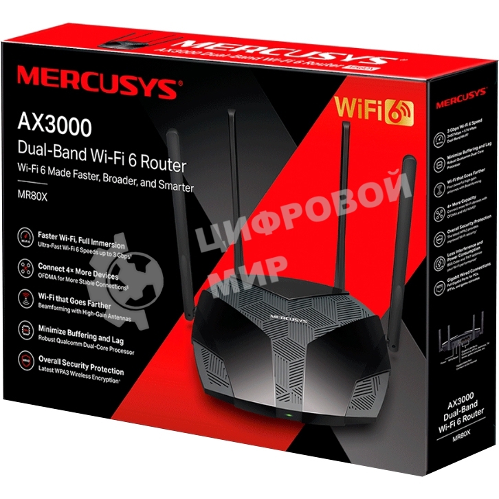 Двухдиапазонный роутер MERCUSYS MR80X AX3000 Wi-Fi 6, до 574 Мбит/с на 2,4 ГГц + до 2402 Мбит/с на 5 ГГц,4 фиксированные внешние антенны, 3 гигабитных порта LAN, 1 гигабитный порт WAN