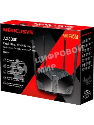 Двухдиапазонный роутер MERCUSYS MR80X AX3000 Wi-Fi 6, до 574 Мбит/с на 2,4 ГГц + до 2402 Мбит/с на 5 ГГц,4 фиксированные внешние антенны, 3 гигабитных порта LAN, 1 гигабитный порт WAN