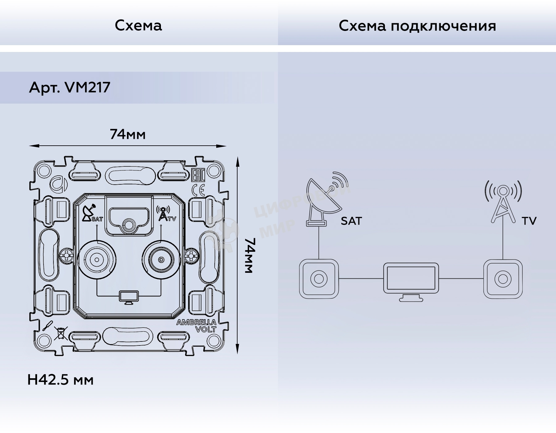 Механизм розетки TV оконечной + SAT 5-862MHz 3.5dB/950-2150MHz 3.8dB QUANT VM217