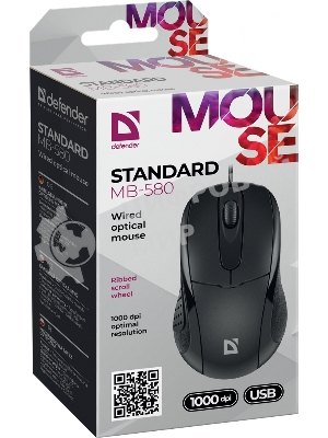 Мышь проводная Defender Standard MB-580 черный, 1000 dpi, USB, кнопки - 3