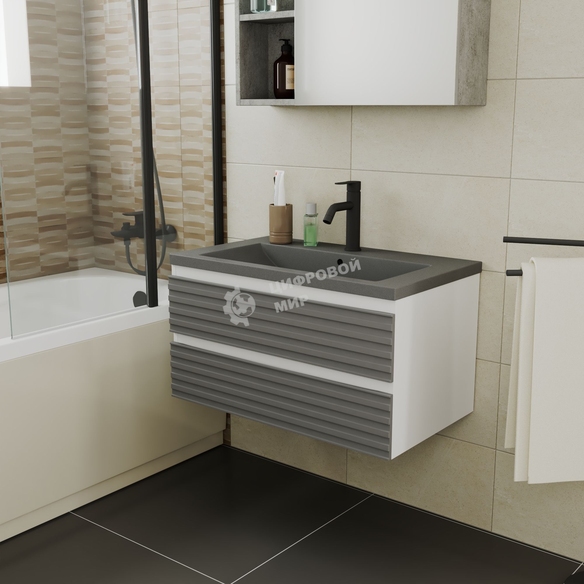 Тумба под раковину Bau Stil Loft grey brushed, раковина кварцевая BAU Stil 75, серый металлик