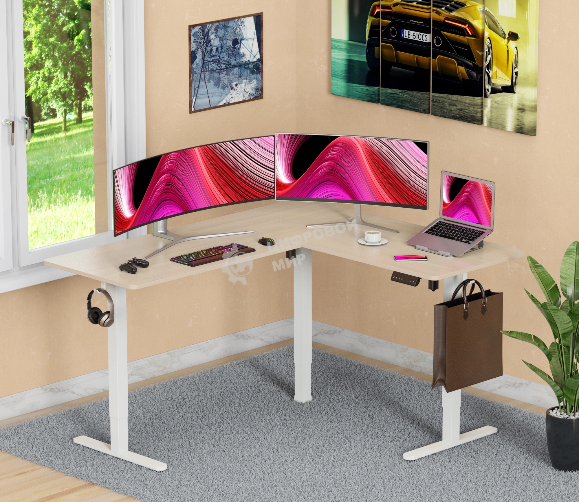 Стол компьютерный Cactus угловой подъемный столешница МДФ, белый дуб каркас белый 140x72x60 см (CS-EDXL-WWD)