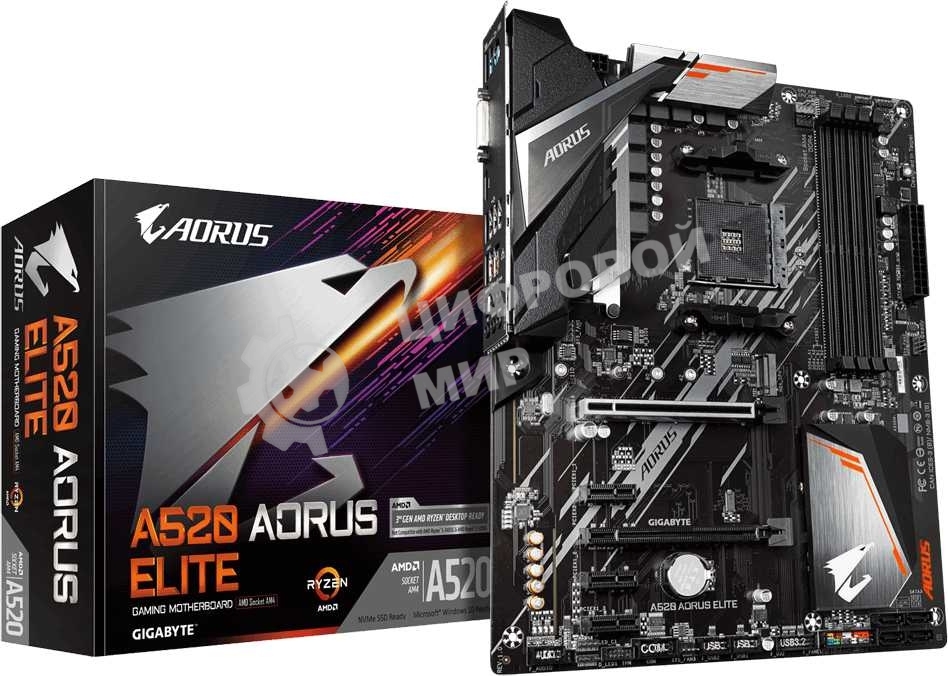 Материнская плата Gigabyte A520 AORUS ELITE, AM4, AMD A520, 4xDDR4, 4xSATA, 1xM.2, 1xPCI-E 3.0 x16, 1xHDMI, 1xDVI-D, 1x 1Gb LAN, 2xUSB 2.0, 4xUSB 3.2 Gen 1, 3x3.5 мм, 7.1, Micro-ATX