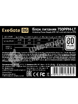 Блок питания 750W ExeGate 80 PLUS 750PPH-LT-S (ATX, APFC, SC, КПД 82% (80 PLUS), 12cm fan, 24pin, 2x(4+4)pin, 4xPCI-E, 8xSATA, 4xIDE, кабель 220V 1,8м с защитой от выдергивания, black, Color Box)
