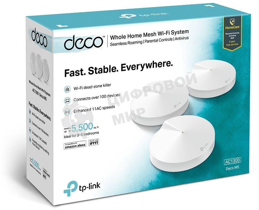Маршрутизатор TP-Link TP-Link DECO M5(3-PACK) AC1300 Домашняя Wi-Fi система, чипсет Qualcomm, два диапазона (Dual-Band), поддержка стандартов 802.11ac/a/b/g/n, 717 МГц четырехъядерный процессор, Bluetooth 4.2, 2 гигабитных порта Ethernet, 1 порт USB Type-