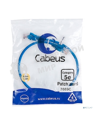 Шнур комм. Cabeus, кат. 5е, неэкр., U/UTP, RJ45/RJ45, PVC, AWG24, 0.5м, синий