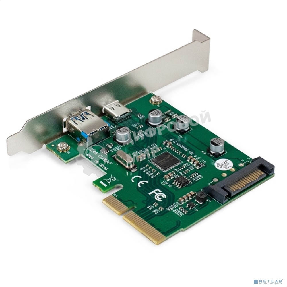 Контроллер ExeGate EXE-320-1A1C (PCI-E x4 v3.0, USB3.2 Gen2 1xType-A + 1xType-C ext., SuperSpeed+ скорость до 10 Гбит/с, разъем доп.питания, ASMedia Chipset ASM1142)
