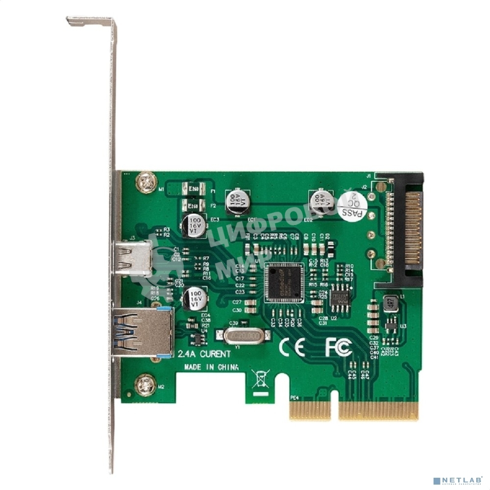 Контроллер ExeGate EXE-320-1A1C (PCI-E x4 v3.0, USB3.2 Gen2 1xType-A + 1xType-C ext., SuperSpeed+ скорость до 10 Гбит/с, разъем доп.питания, ASMedia Chipset ASM1142)