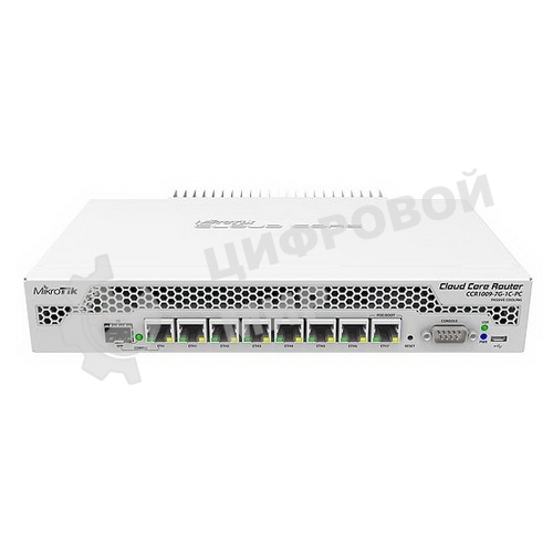 Маршрутизатор Mikrotik CCR1009-7G-1C-PC with Tilera Tile-Gx9 CPU (9-cores, 1Ghz per core), 1Gb RAM, 7xGbit LAN, 1x Combo port (1xGbit LAN or SFP), RouterOS L6, passive cooling desktop enclosure, rackmount ears, PSU