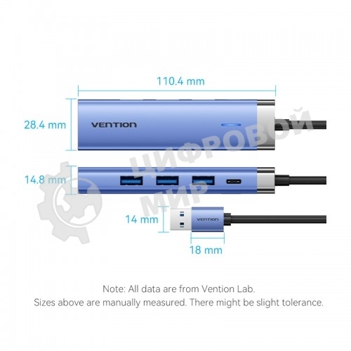 Сетевой адаптер Vention USB 3.0 M/Gigabit Ethernet RJ45+OTG хаб 3xUSB Синий - 0.15м.
