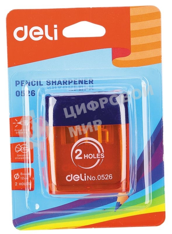 Точилка для карандашей ручная Deli E0526, 2 отверстия, пластик, ассорти блистер