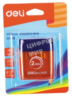 Точилка для карандашей ручная Deli E0526, 2 отверстия, пластик, ассорти блистер