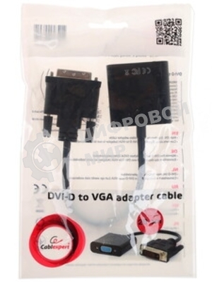 Переходник DVI-D-VGA Cablexpert A-DVID-VGAF-01, 25M/15F, кабеля 0,2м, черный, пакет