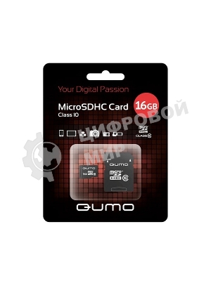 Флеш карта QUMO MicroSDHC 16Gb Сlass 10, адаптер в комплекте SD, черно-красная картонная упаковка